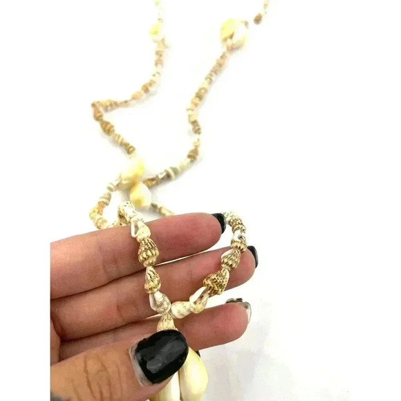 Cowrie Shells Natural Seashells Beaded Long Necklace Handmade 36" - Picture 3 of 10